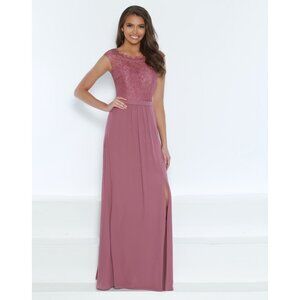 Long Chiffon & Lace Formal Bridesmaid Dress with slit. Mauve. Size 16